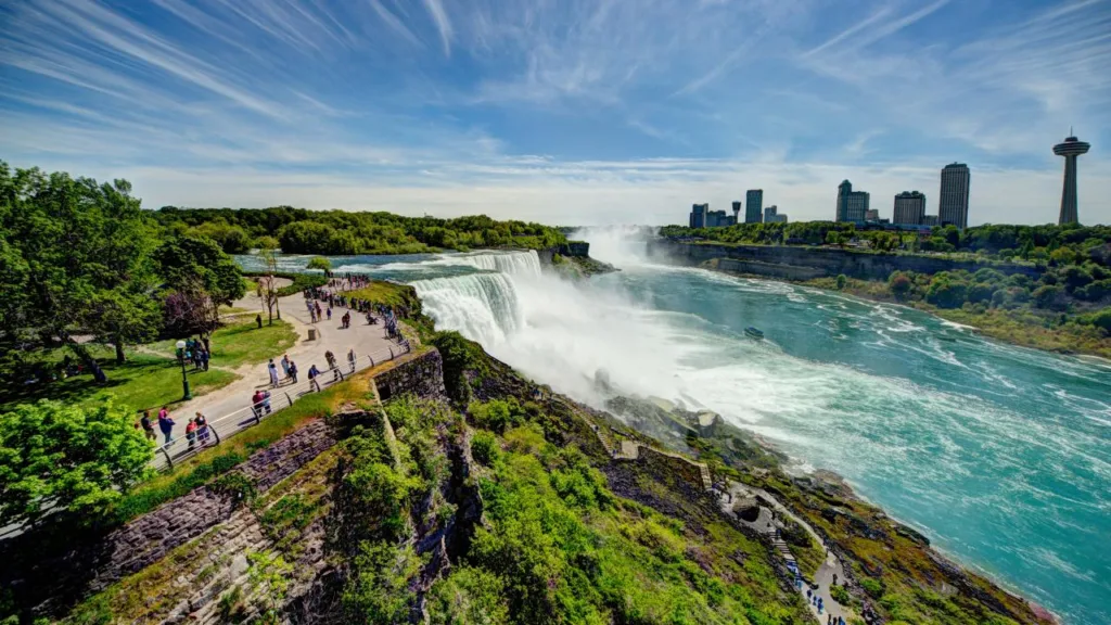 Aerial view of Niagara Falls State Park with lush greenery