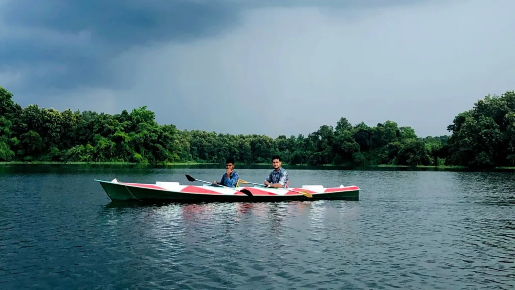 Two people in a kayak on Mohamaya Lake